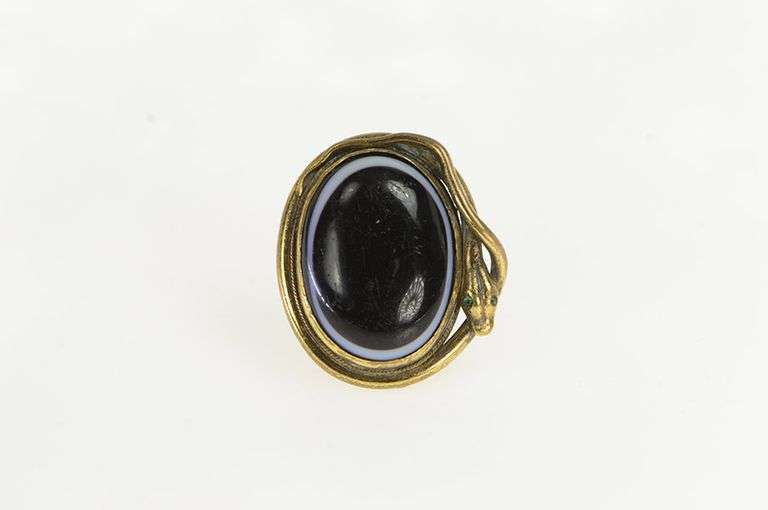 14K Yellow Gold Black Onyx Cabochon Sim. Emerald Snake Ring