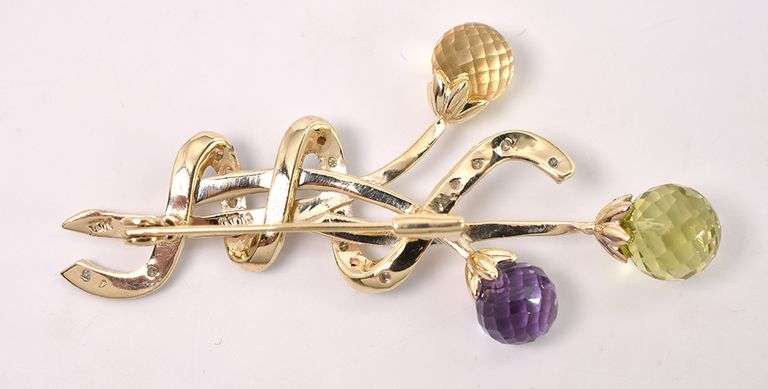 Vibrant Multi-Gem And Diamond Pin In Yellow Gold