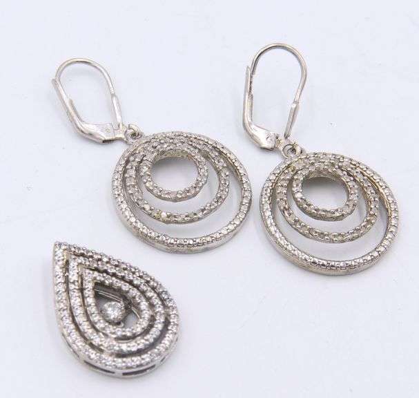 Set of Vintage 925 Sterling Silver Cubic Zirconia Dangle Earrings and Pendant