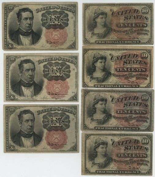 7 Assorted 10 Cents Fractional Currency Notes. Nice lot