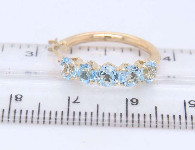 Elegant Yellow Gold Round Brilliant Cut Blue Topaz Hoop Earrings