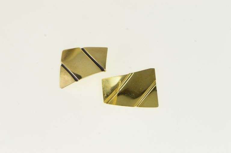 14K Yellow Gold Grooved Squared Vintage Statement Stud Earrings