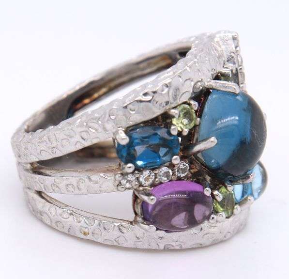 925 Sterling Silver Signed Multi Gemstone Ring