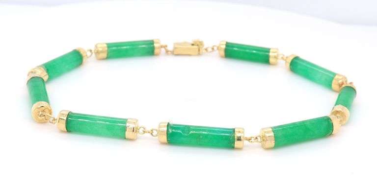 Elegant Yellow Gold Green Jade Barrel Link Bracelet