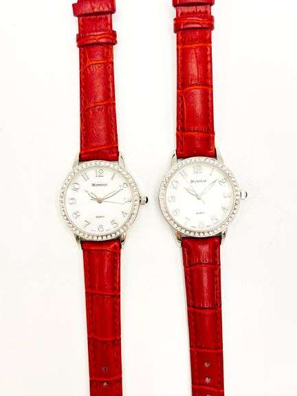 2 BRAND NEW MATCHING RED LEATHER GENEVA WATCHES