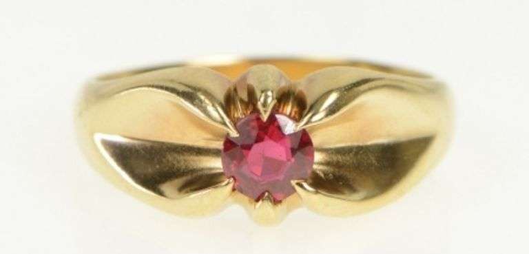 14K Yellow Gold Vintage Syn. Ruby Gypsy Set Statement Ring