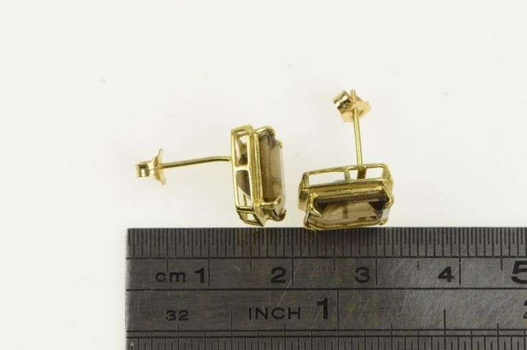 14K Yellow Gold Emerald Cut Smoky Quartz Solitaire Vintage Earrings