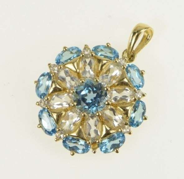 14K Yellow Gold Blue Topaz CZ Vintage Flower Cluster Statement Pendant
