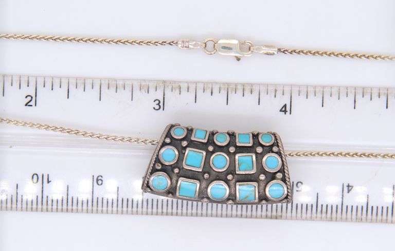 Vintage Italian Sterling Silver Turquoise Slidder Pendant on Chain