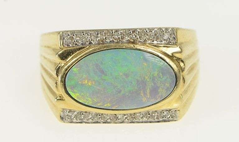 14K Yellow Gold Oval Opal Diamond Squared Vintage Statement Ring