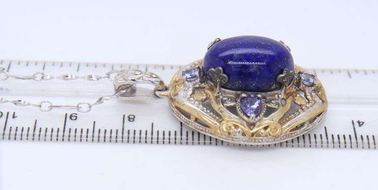 925 Sterling Silver Lapis and Tanzanite Pendant on Chain Necklace