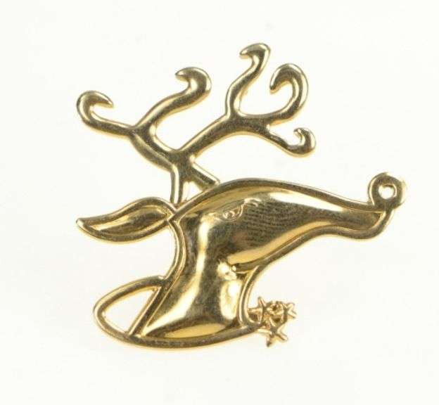 10K Yellow Gold Stylized Reindeer Animal Head Holiday Pin/Brooch
