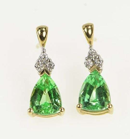 10K Yellow Gold Pear Green Sapphire Diamond Accent Stud Earrings