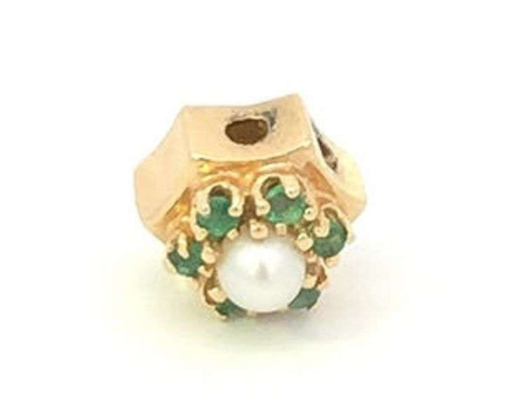 14K Yellow Gold Victorian Pearl Emerald Slide Bracelet Charm/Pendant