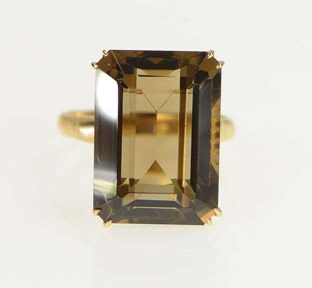 14K Yellow Gold Emerald Smoky Quartz Vintage Solitaire Ring