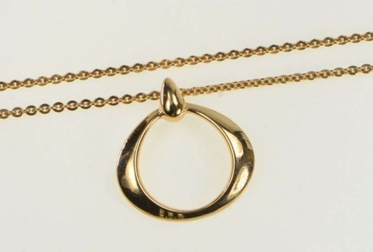18K Yellow Gold Omega Designer Circle Pendant Chain Necklace