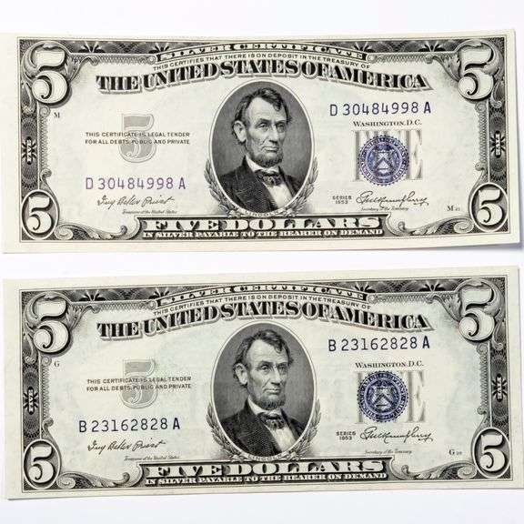 2  1953 CH Unc $5 Silver Certificates