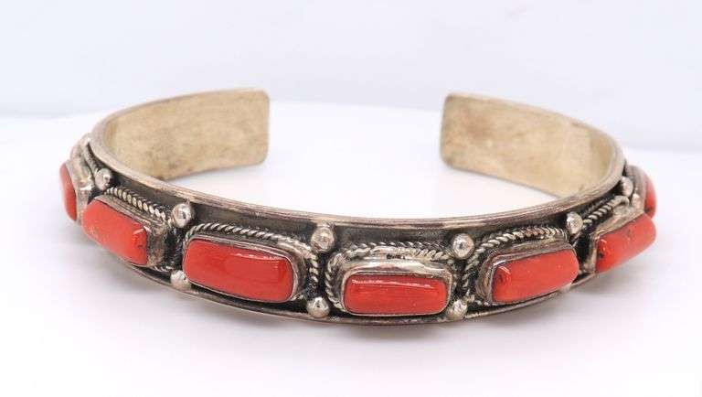 Vintage 925 Sterling Silver Coral Cuff Bangle