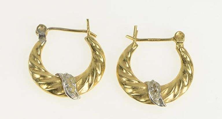 14K Yellow Gold Diamond Accent Vintage Puffy Twist Hoop Earrings
