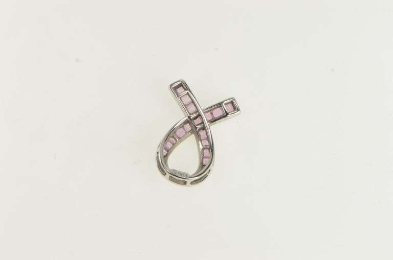 10K White Gold Princess Pink Topaz Ribbon Breast Cancer Charm/Pendant