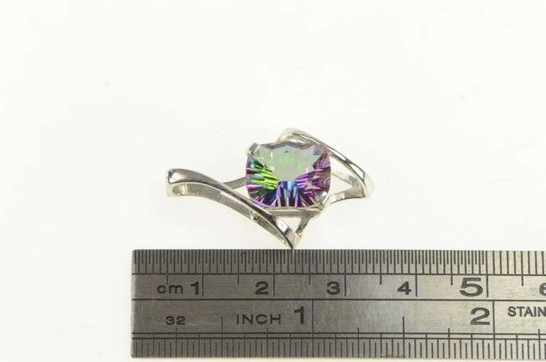 14K White Gold Mystic Topaz Cushion Ornate Statement Pendant