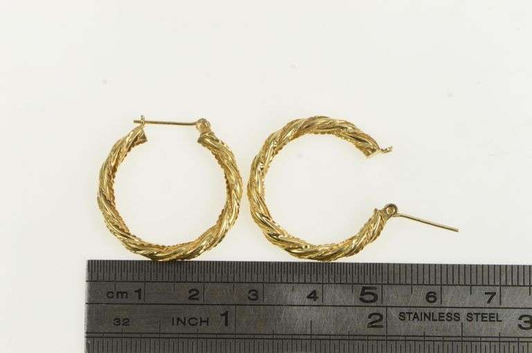 14K Yellow Gold 24.9mm Twist Design Vintage Statement Hoop Earrings