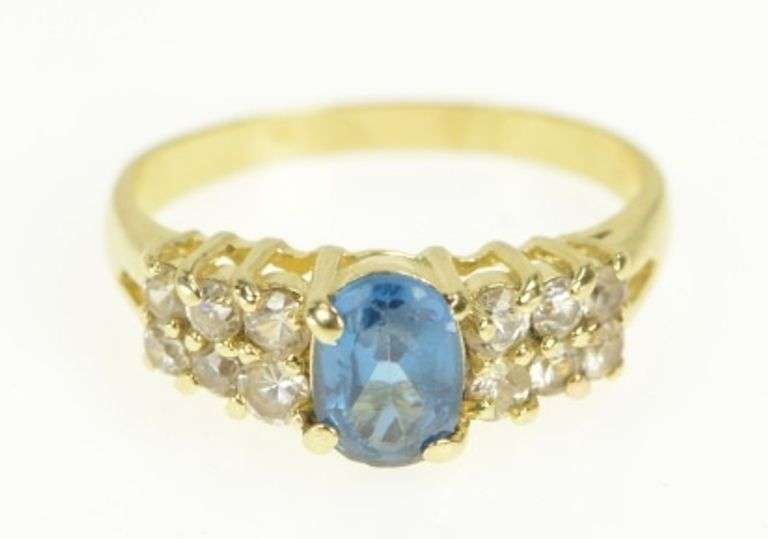 14K Yellow Gold Blue Topaz CZ Squared Cluster Accent Ring
