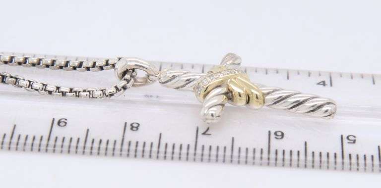 Trendy David Yurman 2 Tone X Diamond Cross Pendant on Chain Necklace