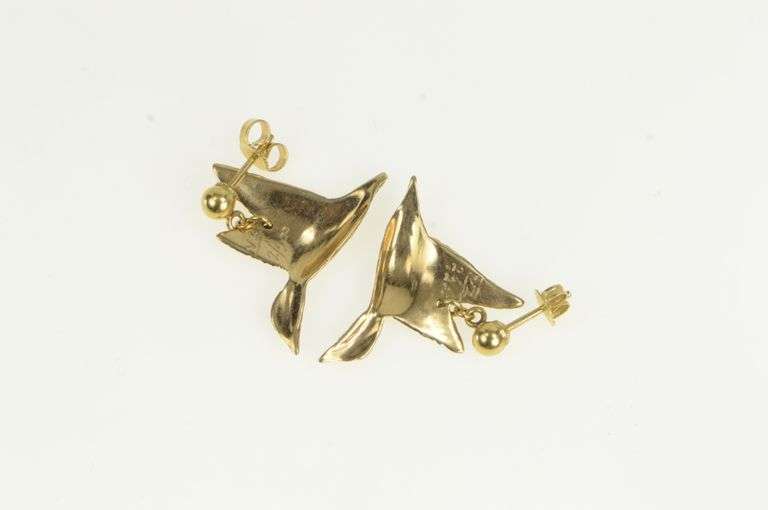 14K Yellow Gold Ornate Artisanal Duck Goose Dangle Vintage Earrings