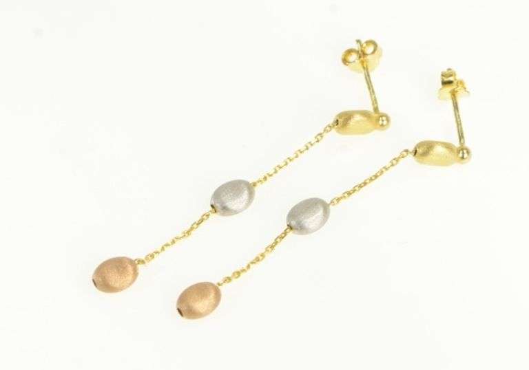 14K Yellow Gold Tri Tone Chain Dangle Drop Vintage Statement Earrings