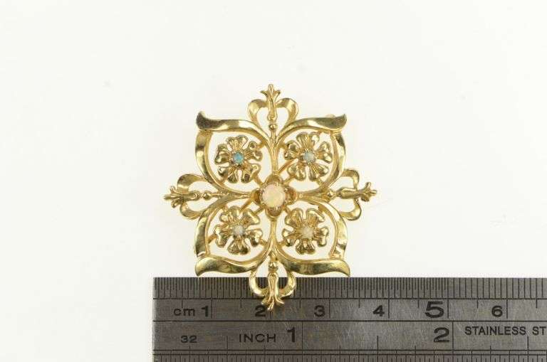 14K Yellow Gold Natural Opal Flower Vintage Statement Pin/Brooch