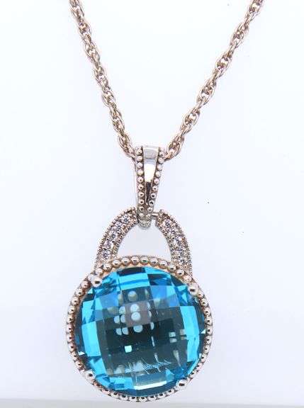 Vintage Sterling Silver Round Blue Cubic Zirconia Pendant on Chain