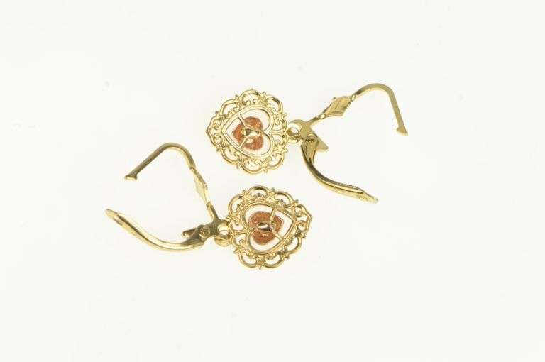 14K Yellow Gold Scalloped Filigree Heart Love Symbol Dangle Earrings