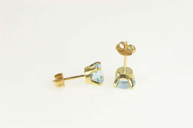 14K Yellow Gold Round Blue Topaz Vintage Solitaire Stud Earrings