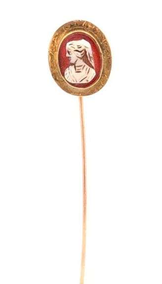10K Yellow Gold Victorian Carved Shell Cameo Engraved Stick Pin