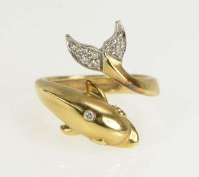 14K Yellow Gold Diamond Emerald Dolphin Wrap Statement Ring