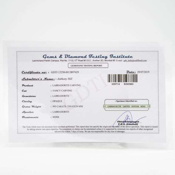 995 Ct Natural Hand Carved Certified Labradorite Buddha