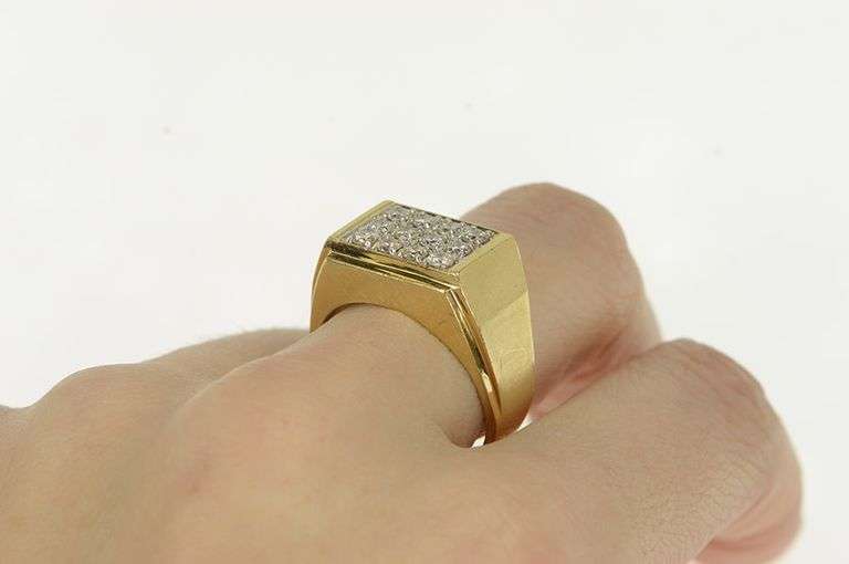 14K Yellow Gold 0.75 Ctw Diamond Men's Squared Cluster Ring