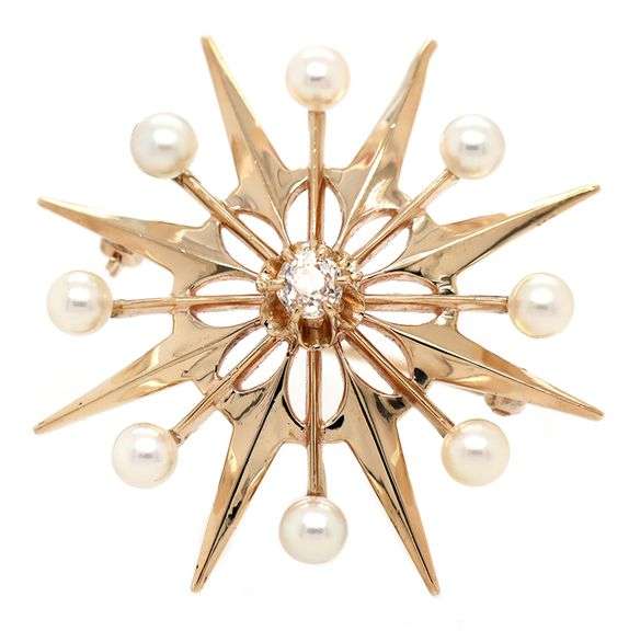 Vintage 0.24ct Diamond and Pearl Starburst Brooch in 14K