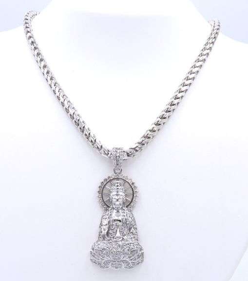 What an Incredible 18kt White Gold Diamond Buddha on Heavy Wheat Gold Chain Necklace