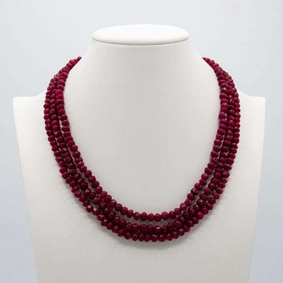 Beautiful 410.5 Cttw Faceted Ruby 3 Strand Necklace