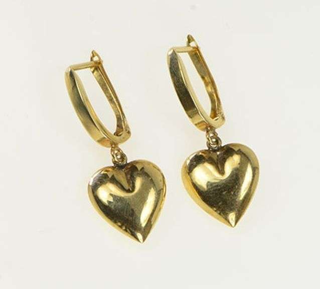 14K Yellow Gold Puffy Heart Vintage Forget Me Not Dangle Earrings