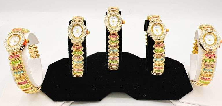 GROUP LOT OF 5x MATCHING 14KT YELLOW GOLD PLATED GENEVA WATCHES WITH GEMSTONES.