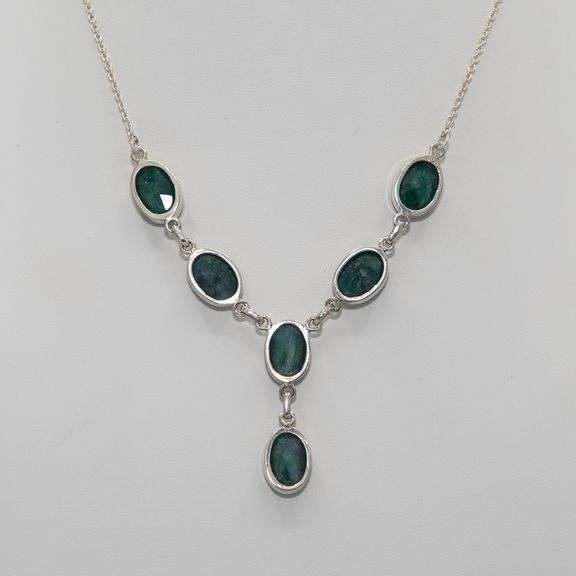 Dazzling Solid .925 Sterling Silver Natural 51.3 Ctw Emerald Necklace
