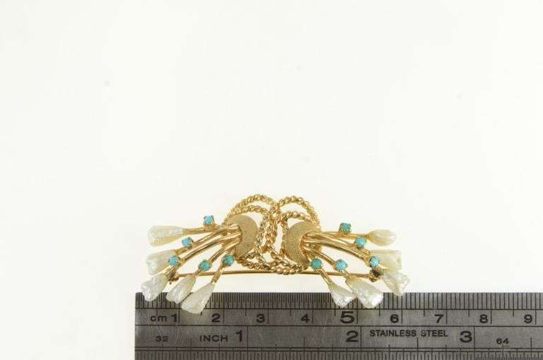 14K Yellow Gold 1960s Baroque Pearl Turquoise Bow Statement Pin/Brooch