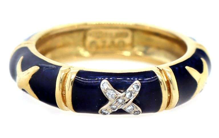 Hidalgo 0.05ctw Diamond Blue X Enamel Band Ring in 18K