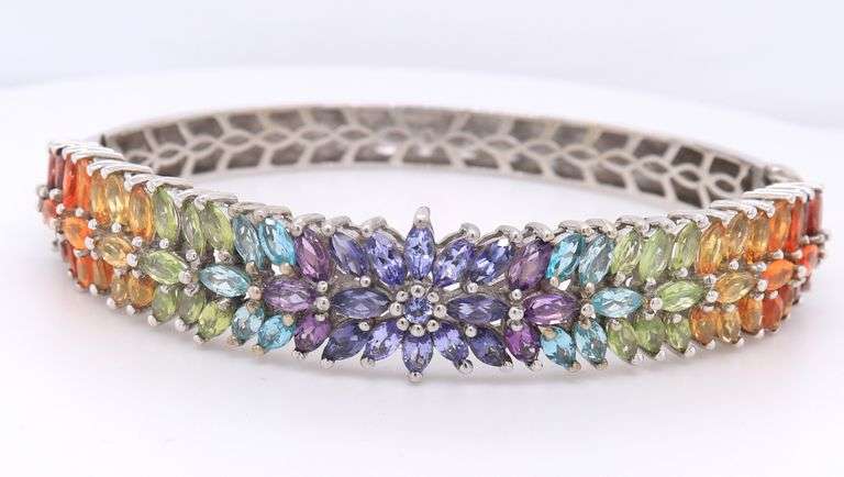 925 Sterling Silver Multi Color Cubic ZirconiaFlower Style Bangle