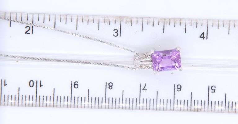 925 Sterling Silver Emerald Cut Amethyst Pendant on Italian Box Chain Necklace