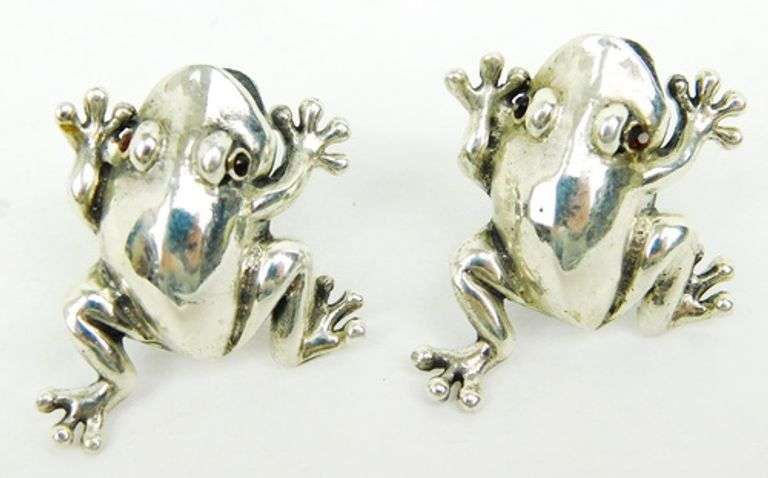 Whimsical Sterling Frog Earrings with Garnet Eyes