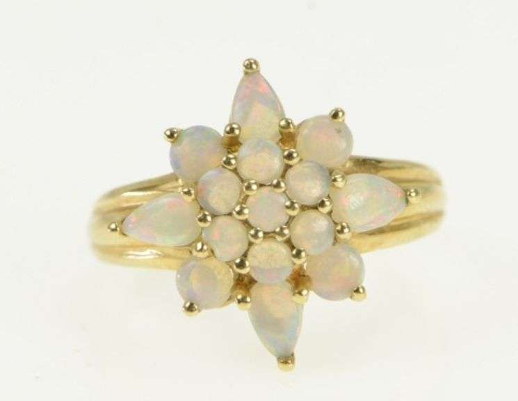 10K Yellow Gold Vintage Natural Opal Squared Cluster Vintage Ring
